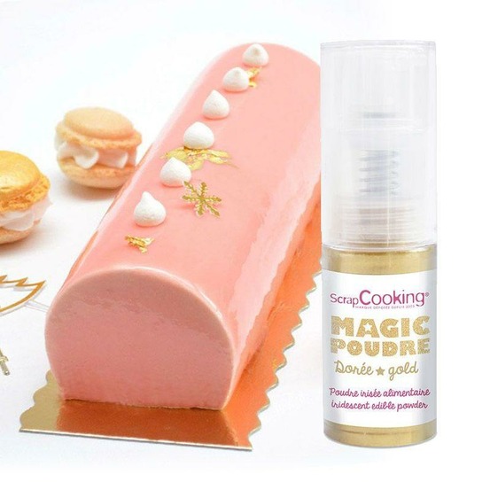 Supports à cakes & bûches 30 x 10 cm + poudre alimentaire irisée dorée