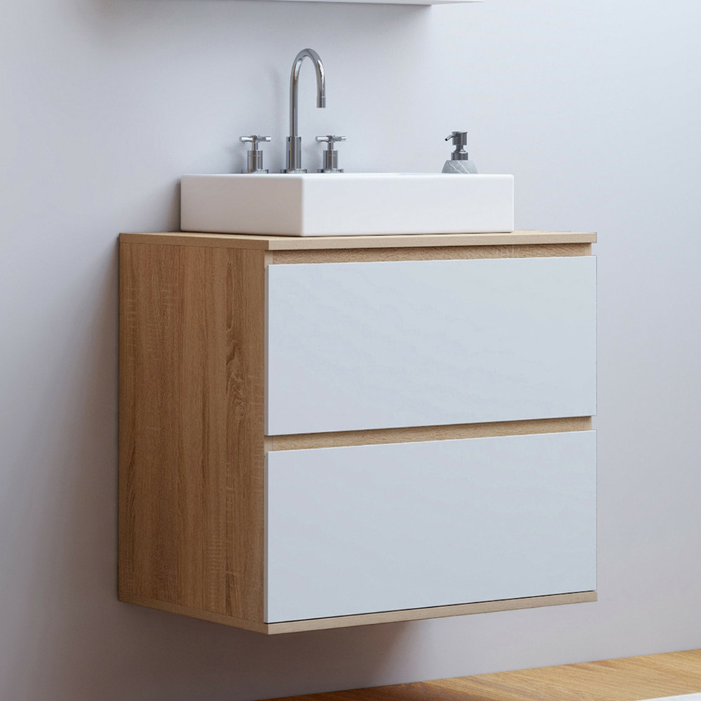 Meuble sous vasque suspendu salle de bain tomi 2 tiroirs façon hêtre et blanc