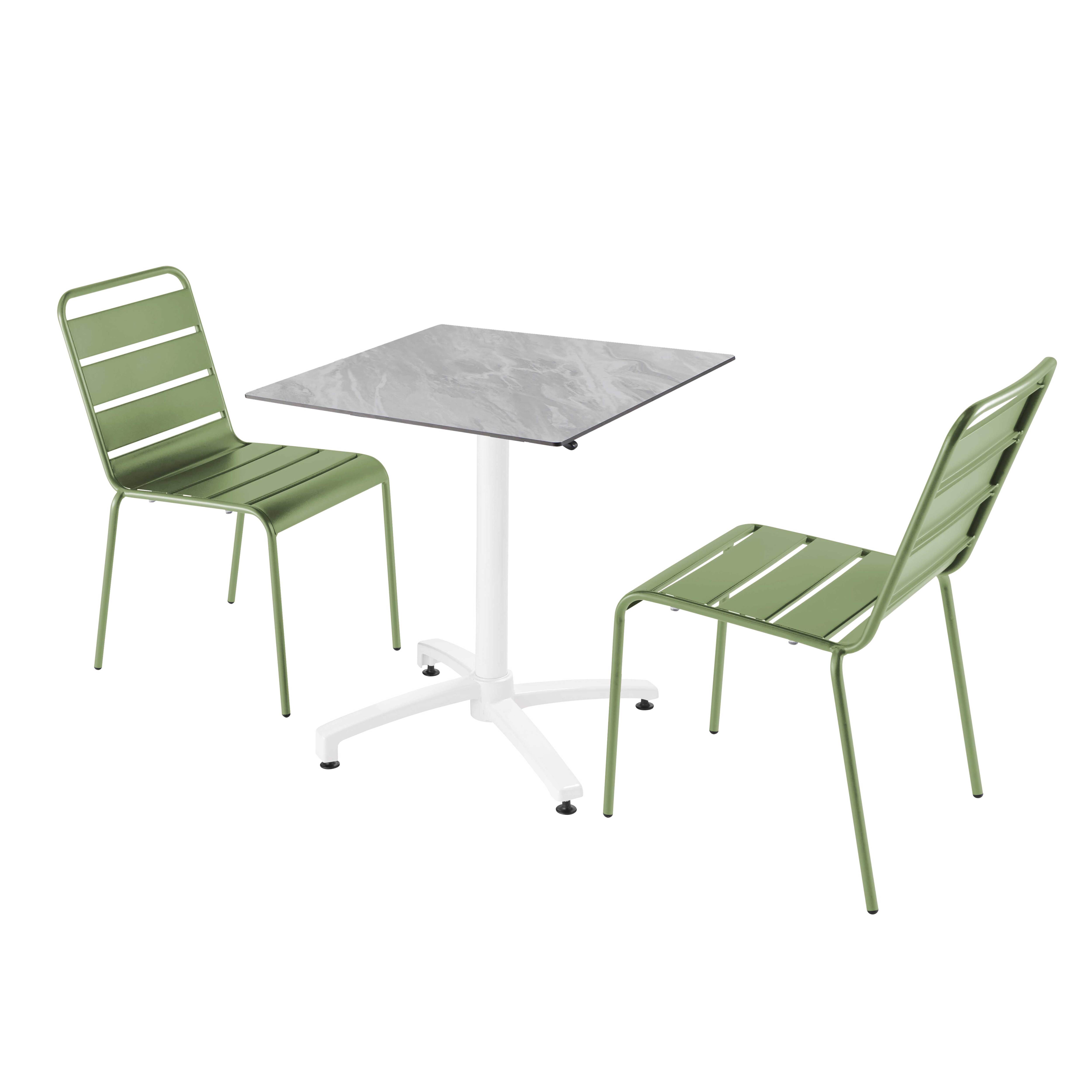 Ensemble table de terrasse stratifié marbre et 2 chaises vert cactus