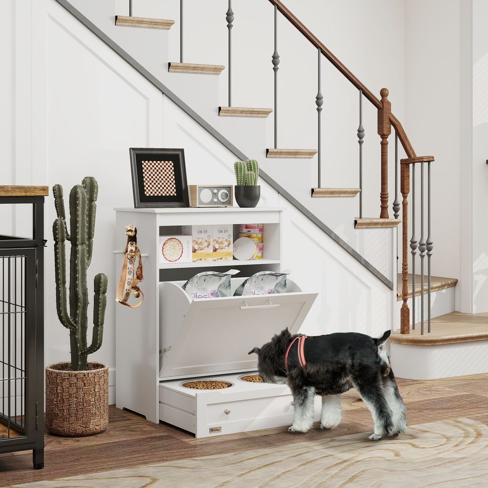 Meuble station repas animaux mdf blanc 61 x 35,5 x 82 cm tiroir double gamelle rangement et crochets pour laisse