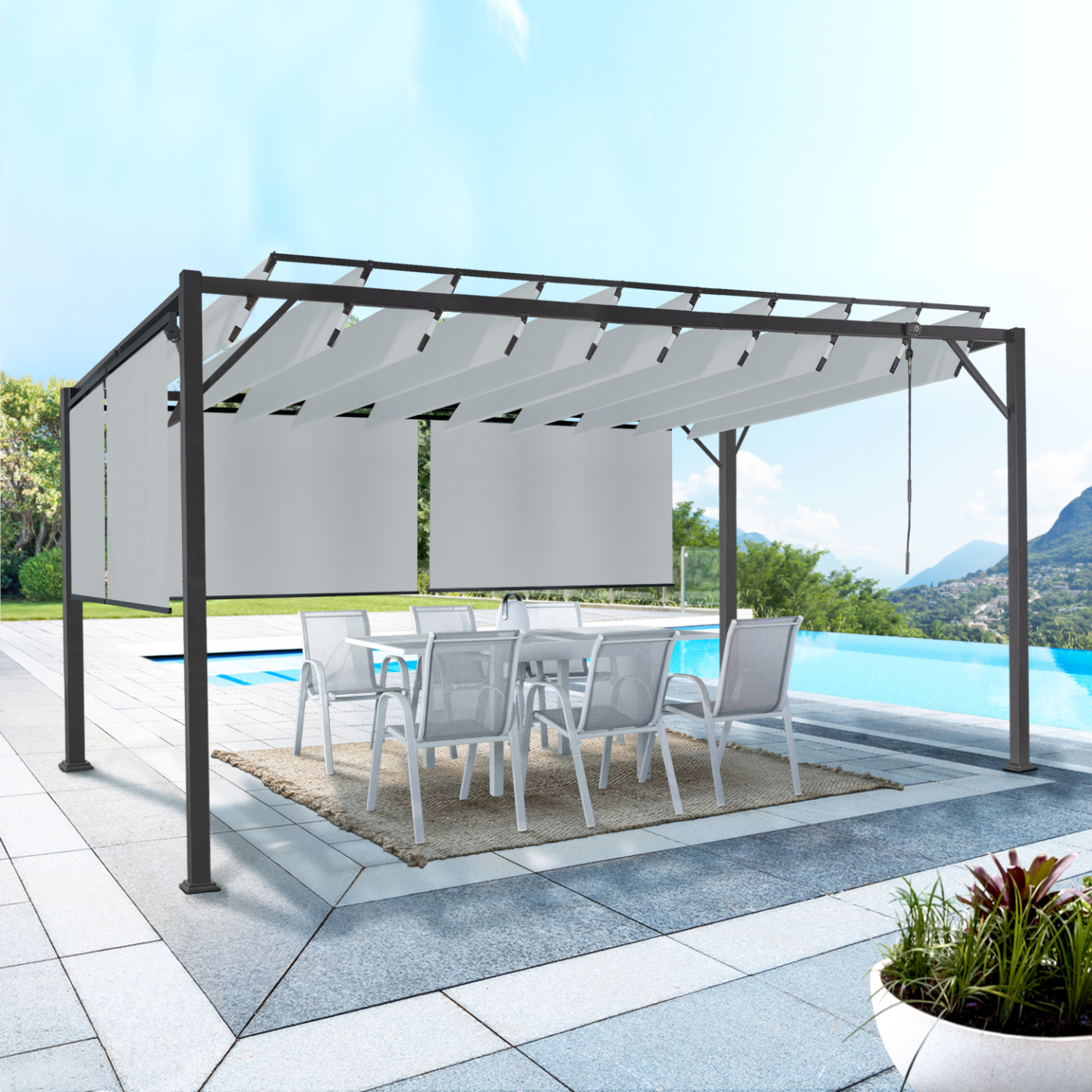 Pergola édition luxe lames orientables 3x4 m et 4 stores gris clair