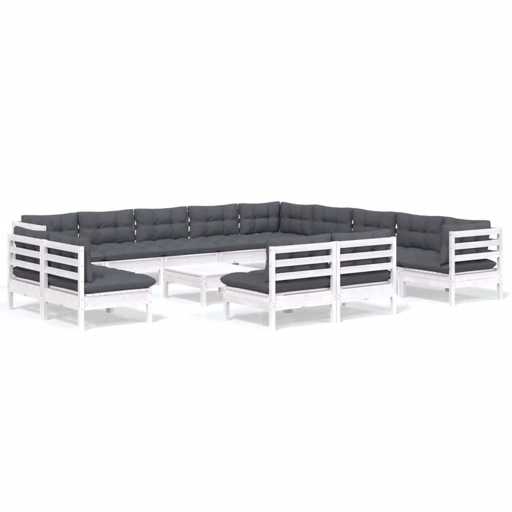 Salon de jardin 14 pcs avec coussins blanc bois de pin solide