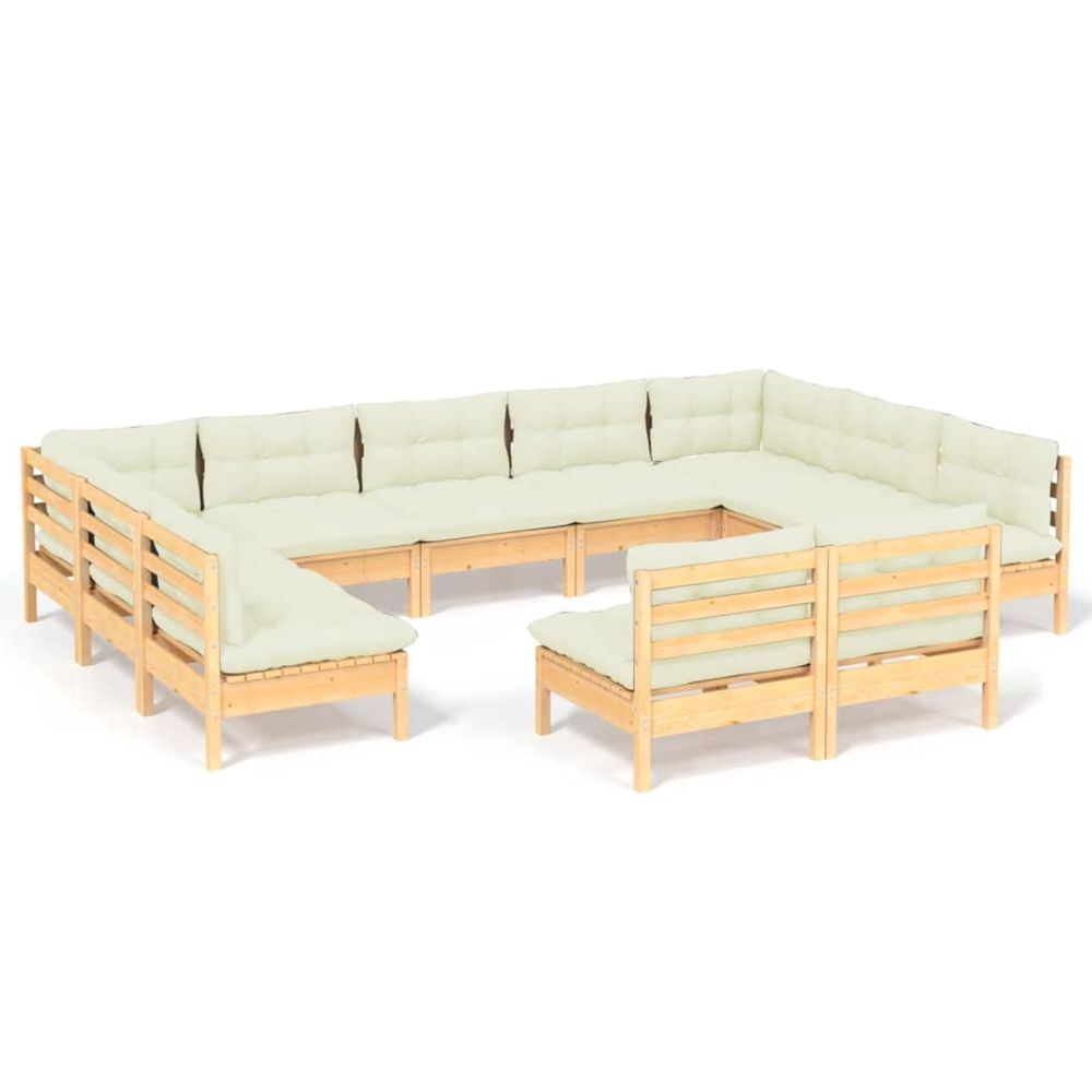 Salon de jardin 11 pcs avec coussins crème bois de pin solide