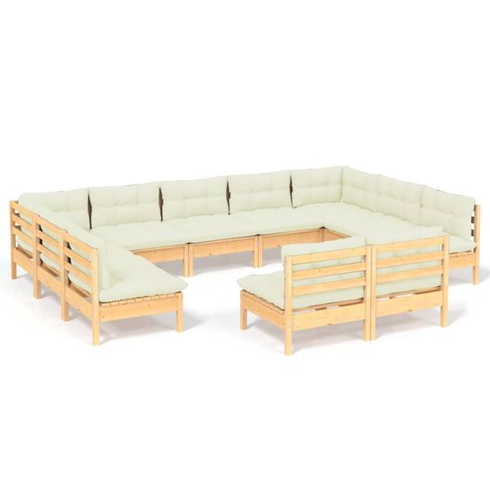 Salon de jardin 11 pcs avec coussins crème bois de pin solide