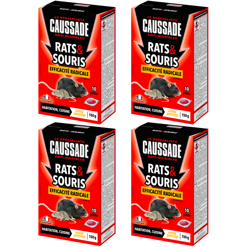 Caussade anti-rats & souris – 40 sachets pâtes prêts à l’emploi, efficacité radicale, lieux secs et humides, 4x150g