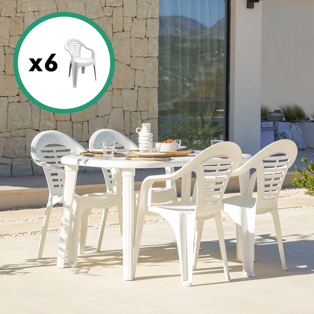 Table extensible 170x90x73cm blanche + 6 chaises atlantica