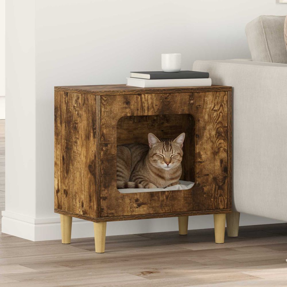 Niche chat haute chêne fumé repos brun 52cm pour chat cosy chaleureux
