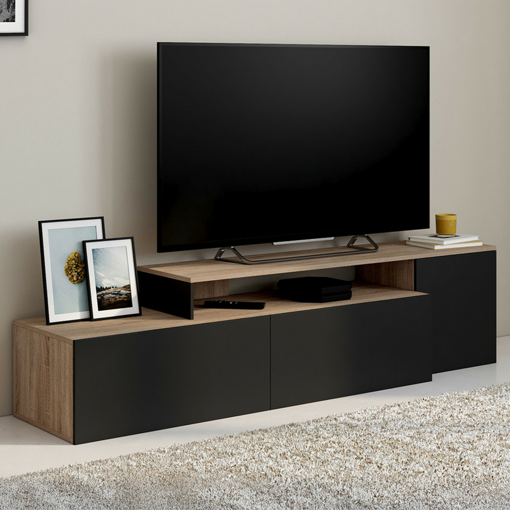 Meuble tv 180-240 cm modulable d'angle basile rotatif bois et noir