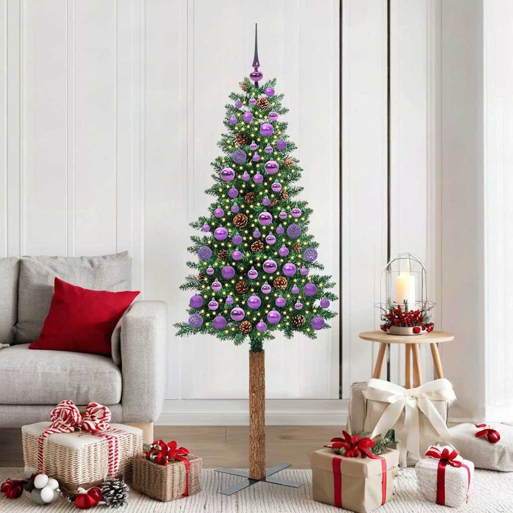 Sapin de noël mince 180cm, complet avec 300 led, 120 boules et pommes de pin