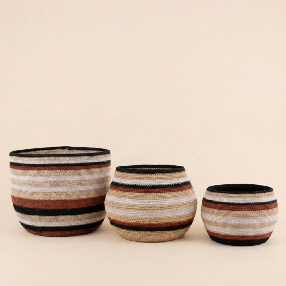 Set de 3 paniers bas rayés en herbes marines marron et beige