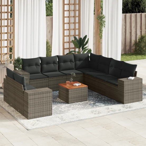Salon de jardin avec coussins 10 pcs gris résine tressée