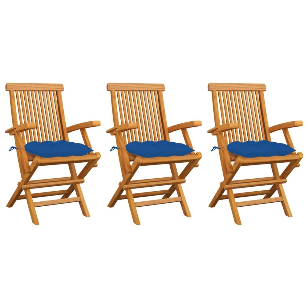 Chaises pliantes avec coussins bleus, 3 pièces, en teck massif