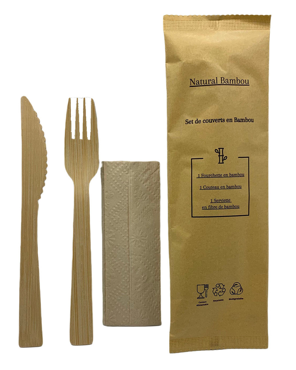 Set de couverts en bambou 3 pièces - lot de 250 - natural bambou