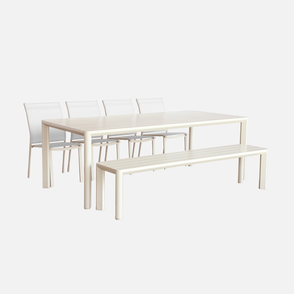 Table de jardin, 1 banc et 4 chaises aluminium et textilène, 220 x 100 x 75 cm