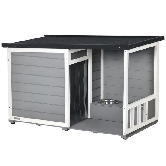 Niche chien extérieur bois massif 103 x 62 x 66 cm gris blanc véranda gamelles