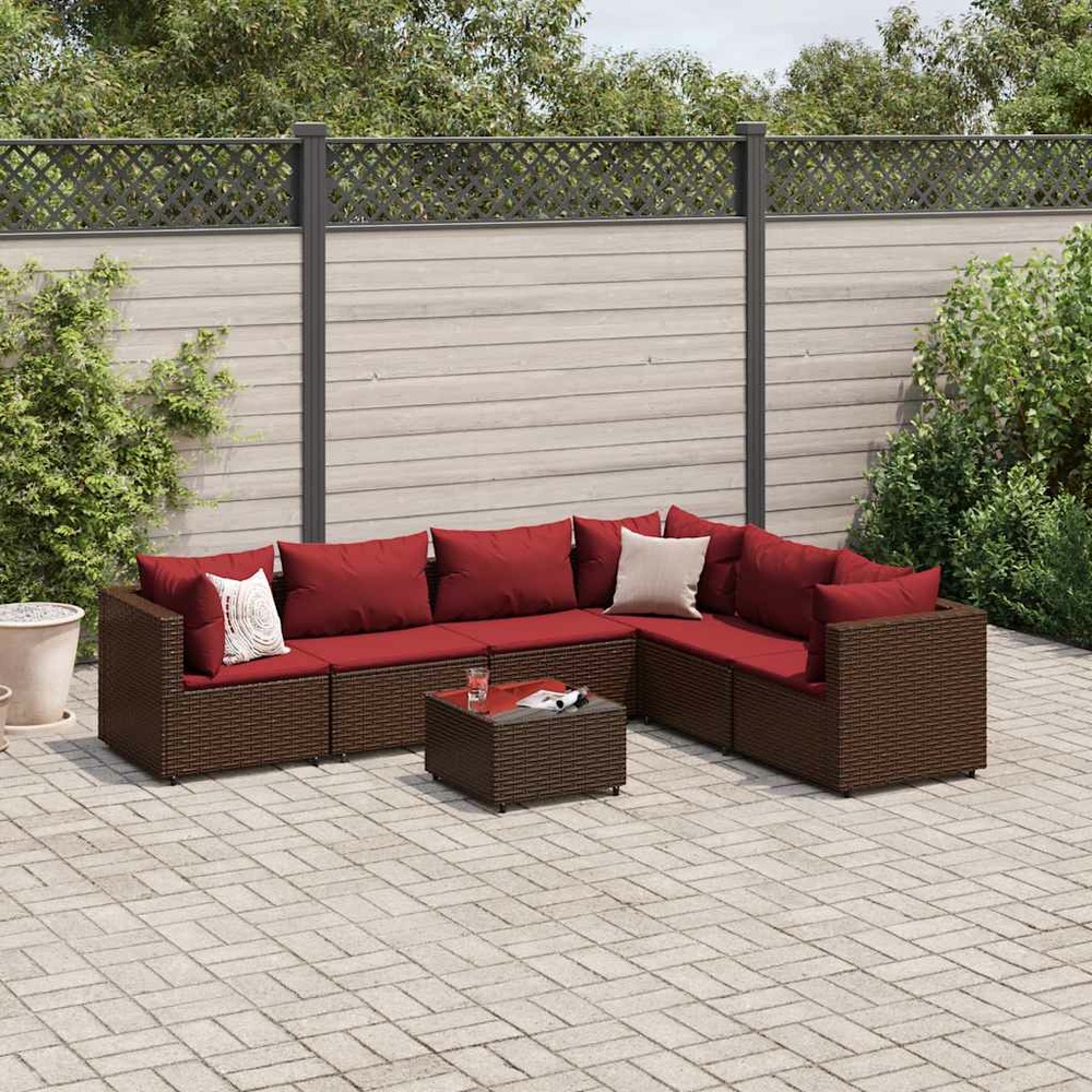 Salon de jardin avec coussins 7 pcs marron résine tressée