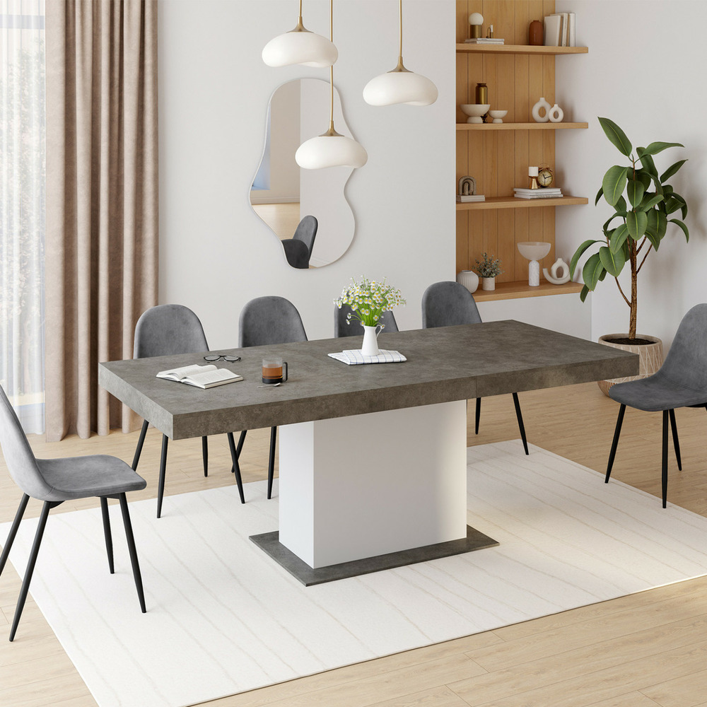 Table à manger extensible rectangle eden 6-10 personnes béton et blanc 160-200 cm