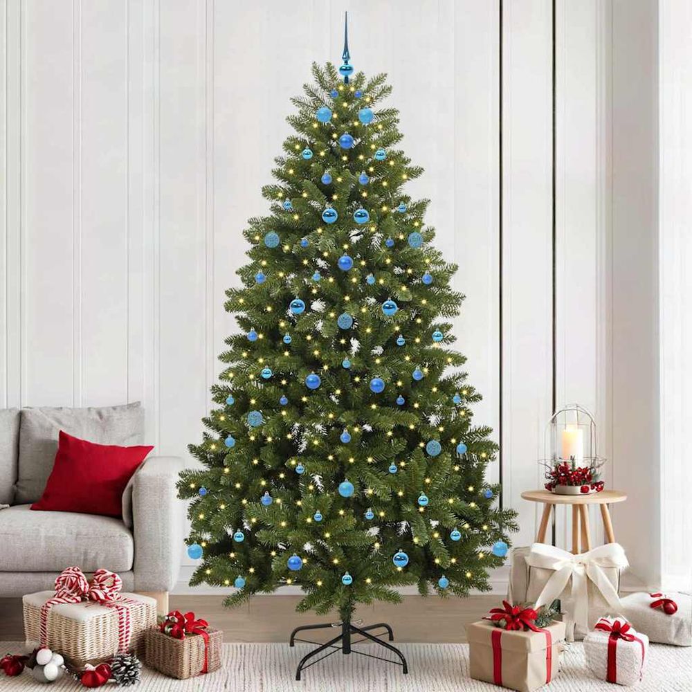 Sapin de noël lumineux 240 cm vert, décoration complète avec guirlande led 8 modes et boules