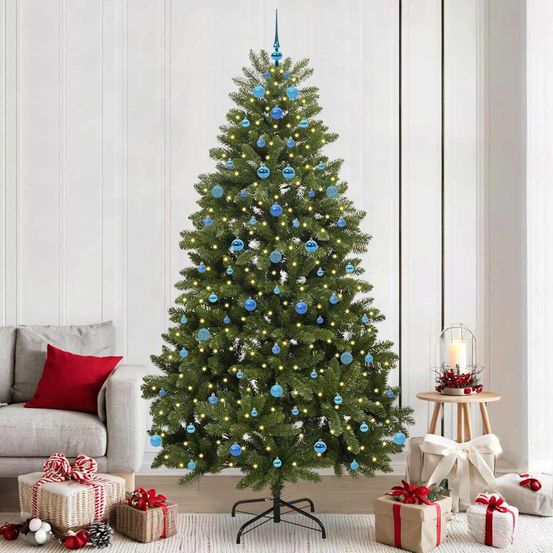 Sapin de noël lumineux 240 cm vert, décoration complète avec guirlande led 8 modes et boules