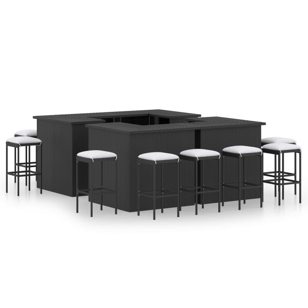 Meuble de bar de jardin 16 pièces et coussins résine tressée noir