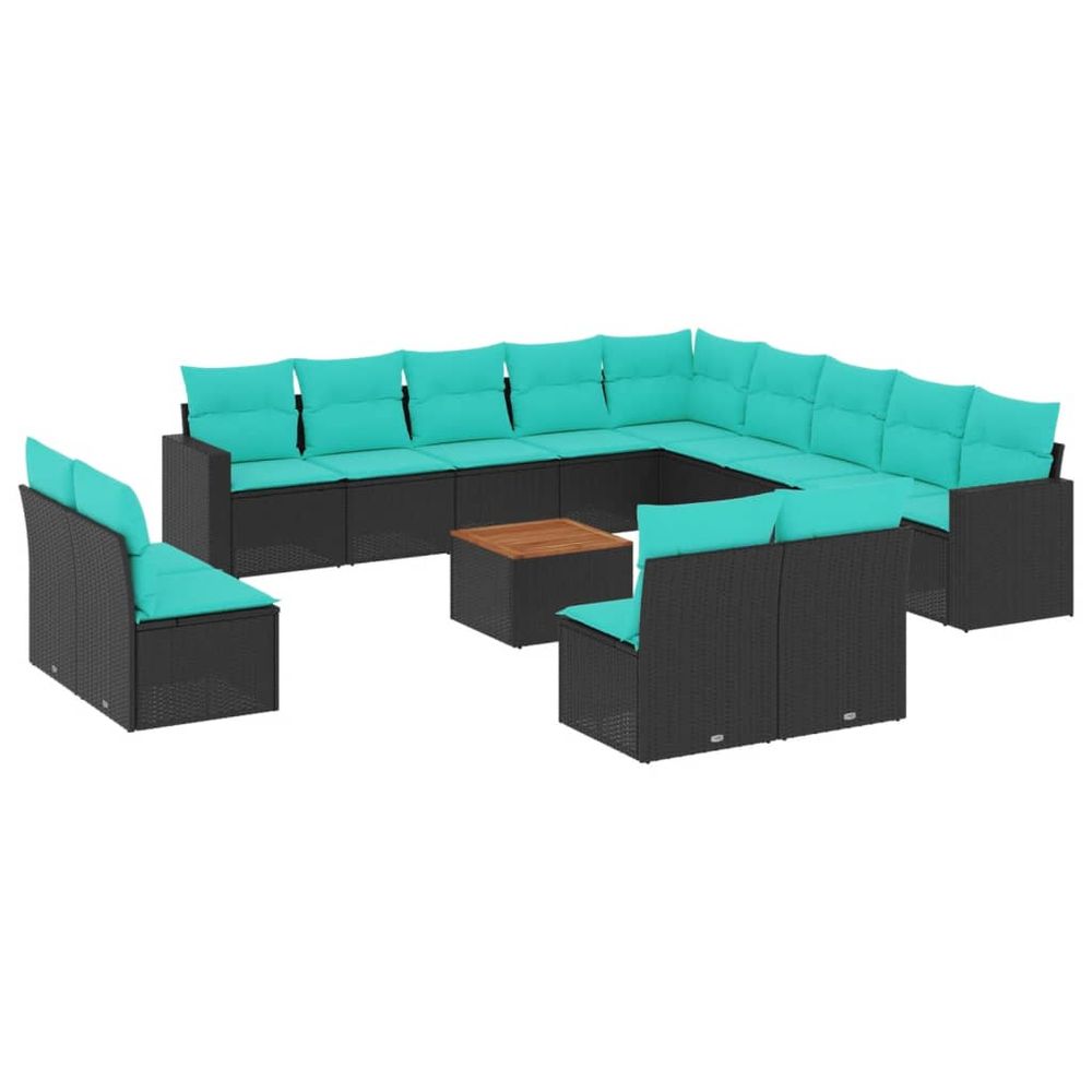Salon de jardin avec coussins 14 pcs noir résine tressée
