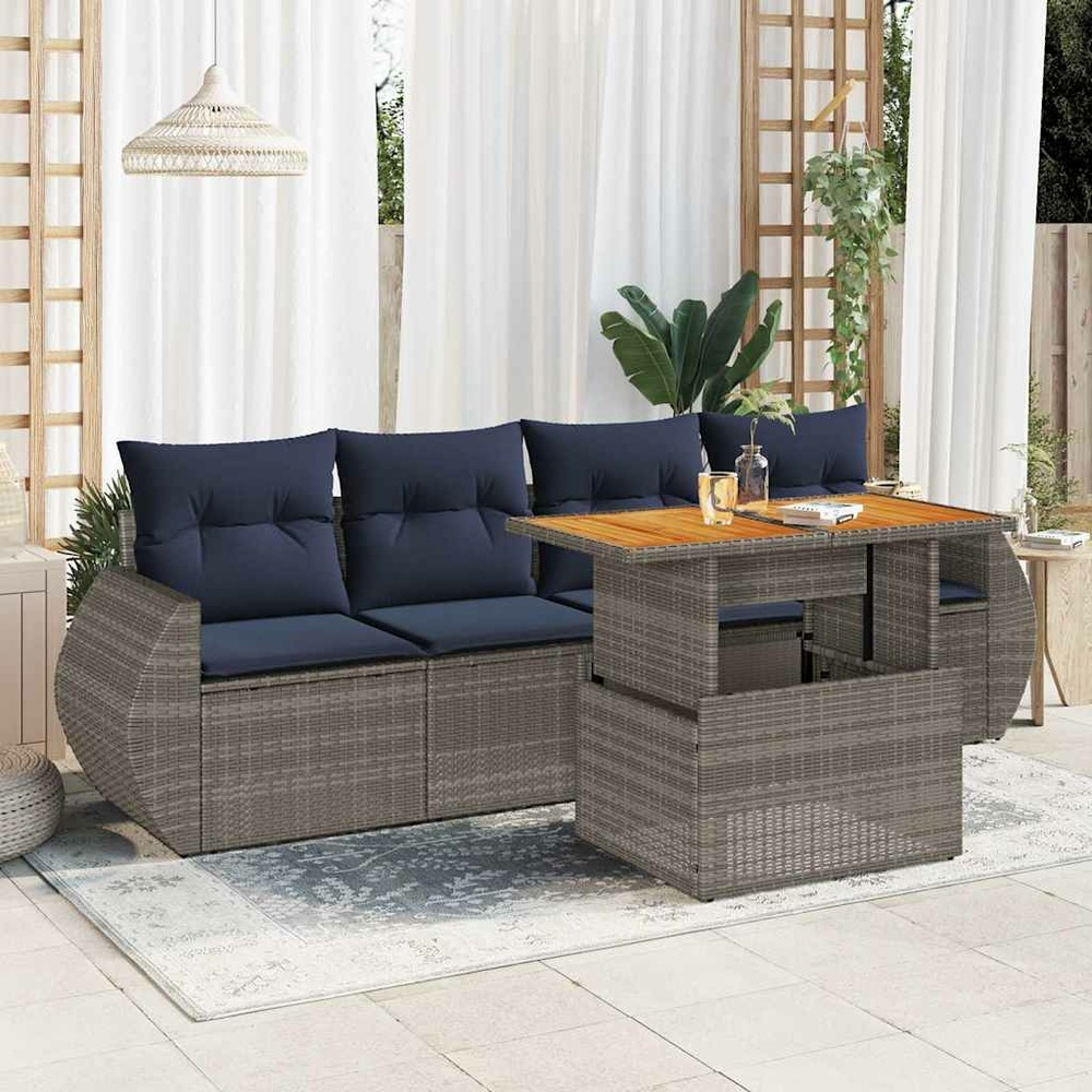 Salon de jardin 5 pcs avec coussins gris résine tressée