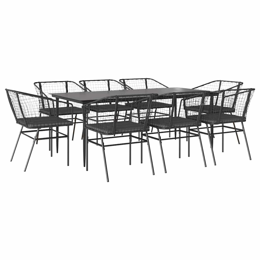 Ensemble à manger de jardin coussins 9pcs noir poly rotin verre
