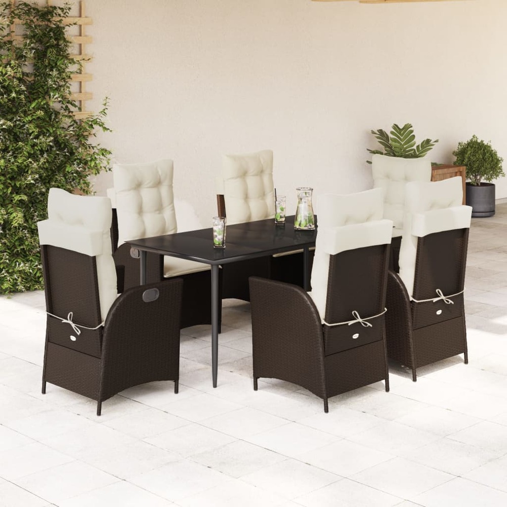 Ensemble à manger de jardin et coussins 7 pcs marron rotin