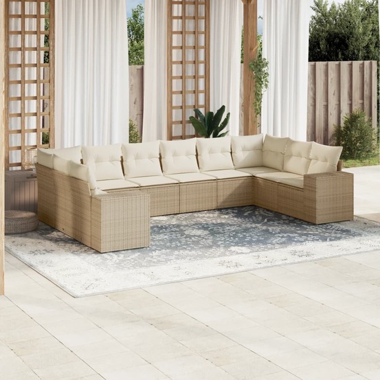 Salon de jardin avec coussins 10 pcs beige résine tressée
