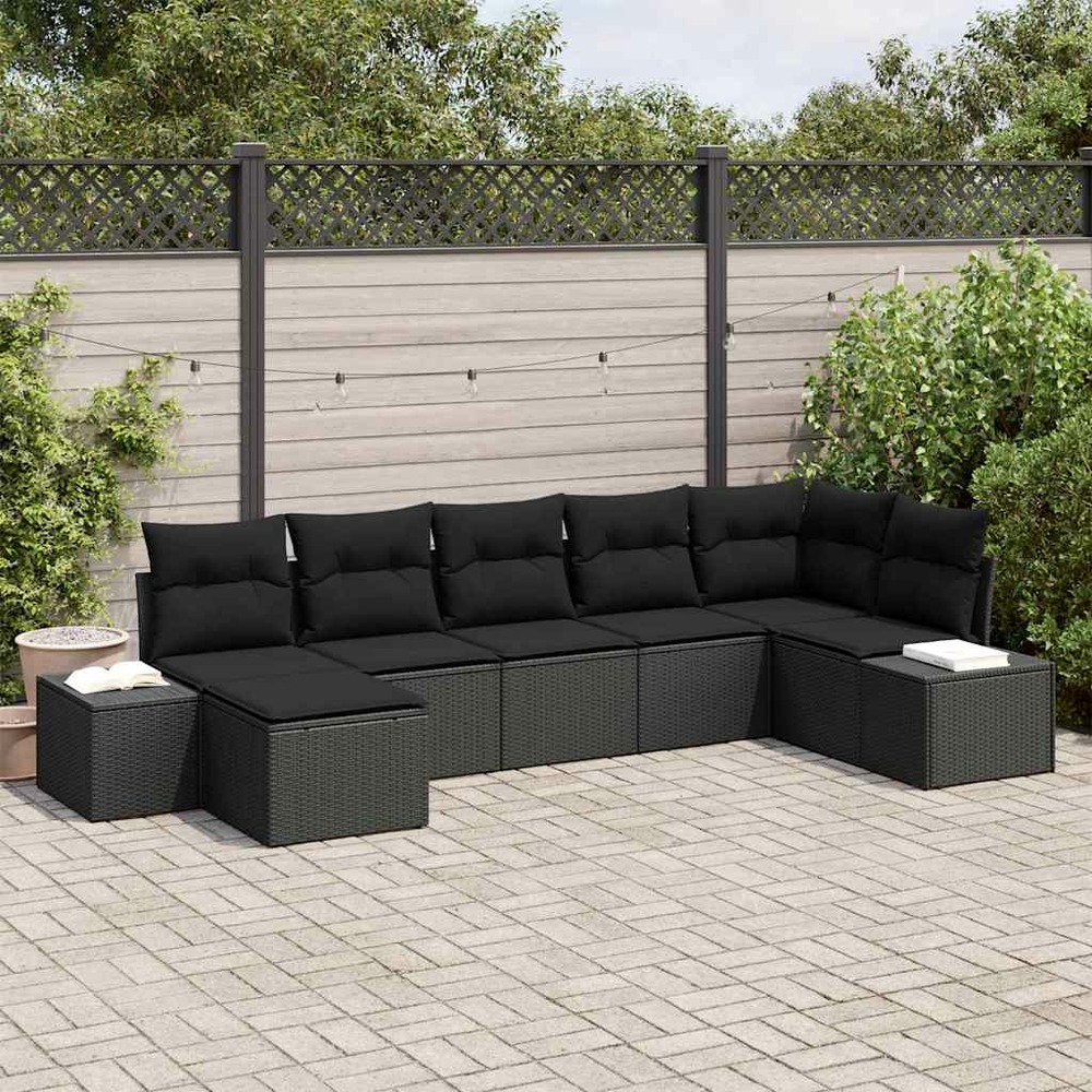 Ensemble de canapé de jardin avec coussin 7 pcs noir polyrotin