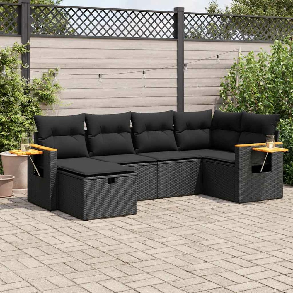 Salon de jardin 6 pcs avec coussins noir résine tressée