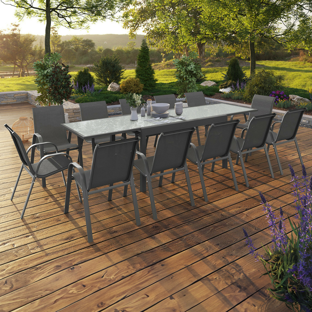 Salon de jardin madrid table extensible 135-270 cm et 12 chaises empilables gris anthracite