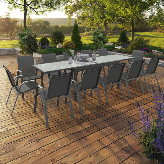 Salon de jardin madrid table extensible 135-270 cm et 12 chaises empilables gris anthracite
