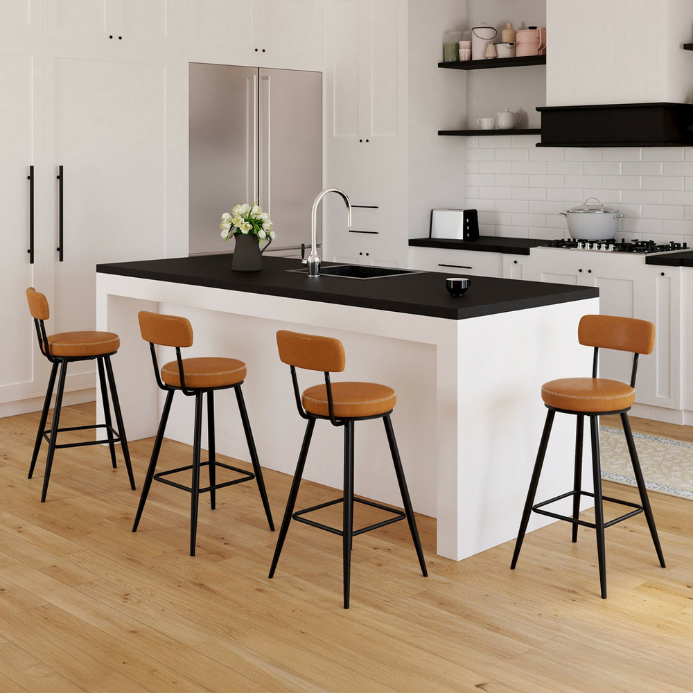 Lot de 4 tabourets de bar isaure avec dossier effet cuir marron et pieds métal noir