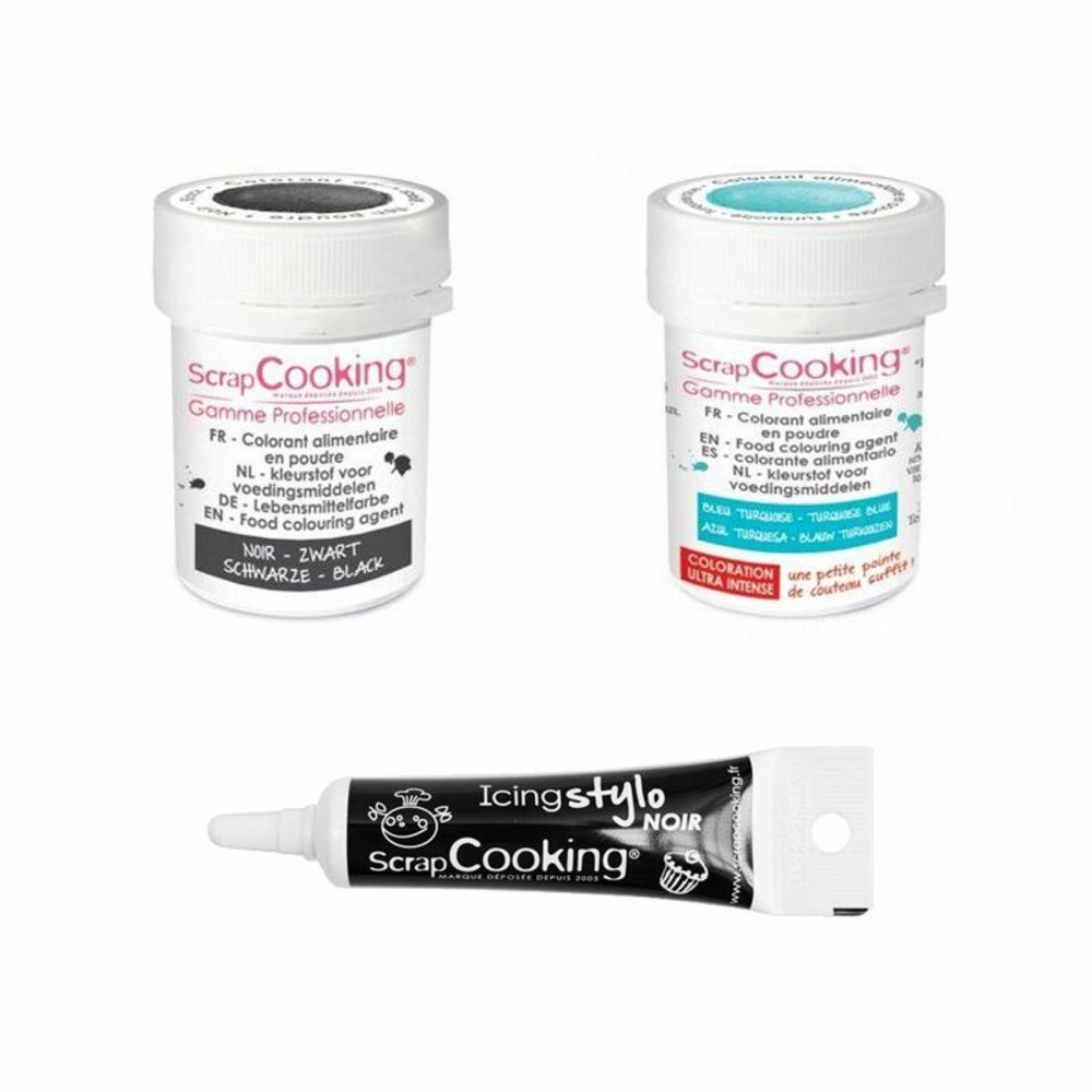 2 colorants alimentaires turquoise-noir + stylo glaçage noir