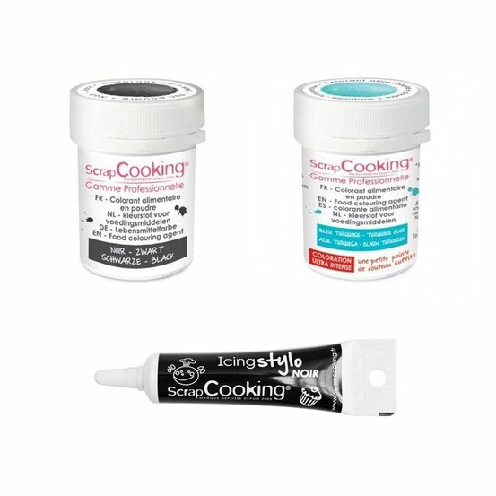 2 colorants alimentaires turquoise-noir + stylo glaçage noir