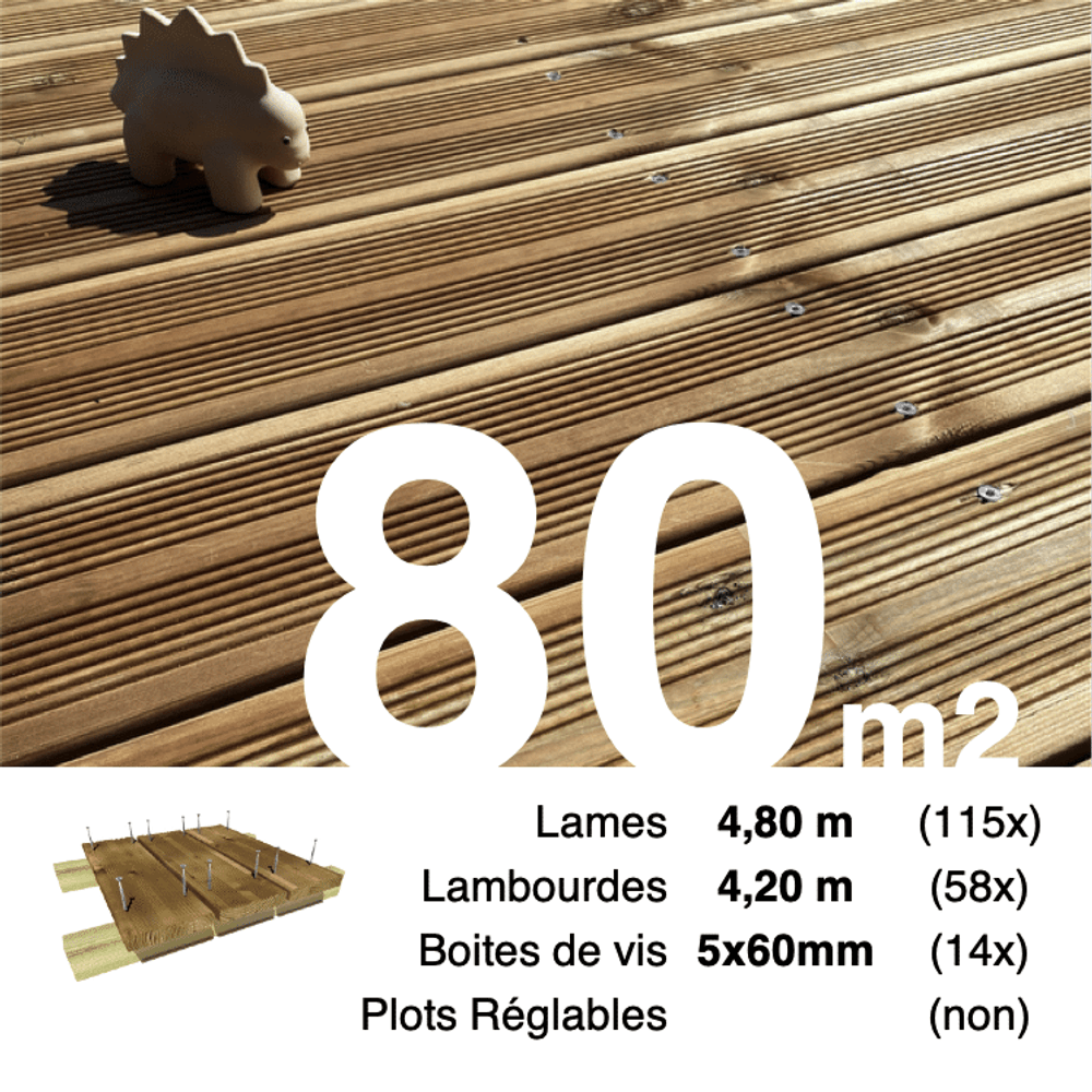 Kit terrasse pin autoclave marron pour 80 m², lames 4,8 m, lambourdes 4,2 m et visserie inox.