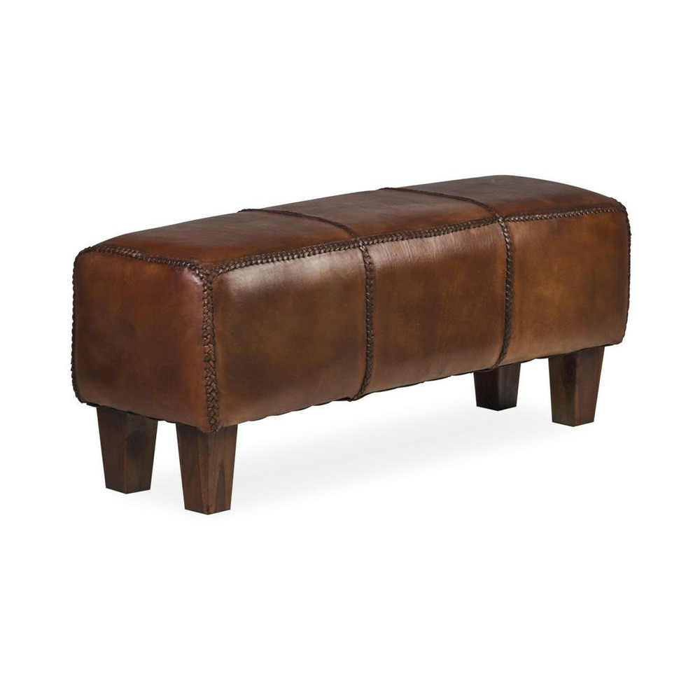 Banc cuir 2 places bois-cuir de vache marron - décoration d'autrefois