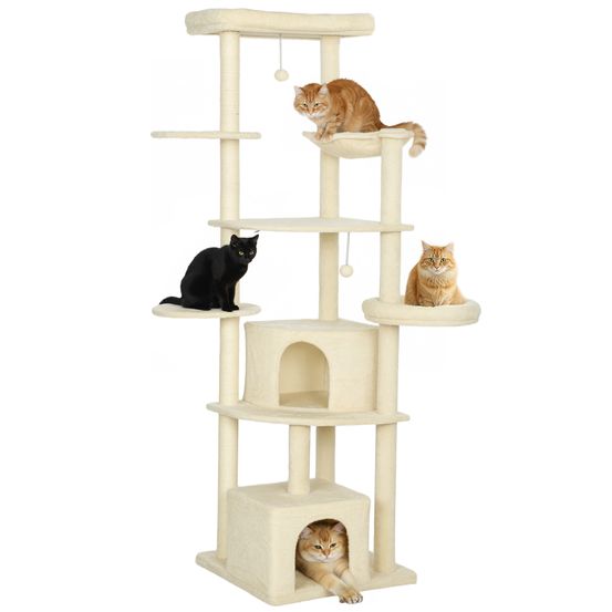 Arbre à chat bois peluche pour multi-chats tour géante avec hamac 200cm beige