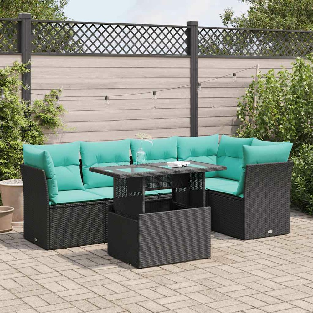Salon de jardin 6 pcs avec coussins noir résine tressée acacia