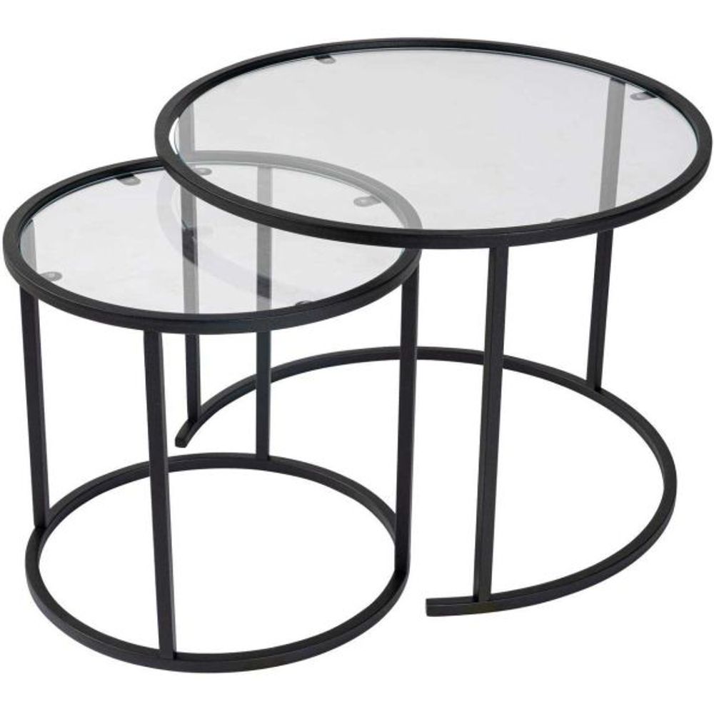 Ensemble de 2 tables gigognes rondes en métal et verre aurum noir avec verre tra