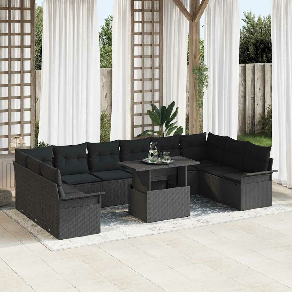 Ensemble de canapé de jardin 11 pcs noir poly rotin