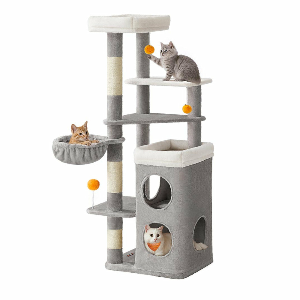 Arbre à chat 152 cm de haut tour de jeux pour chat à plusieurs niveaux avec 2 grandes niches 1 hamac 3 poteaux à griffer 3 pl