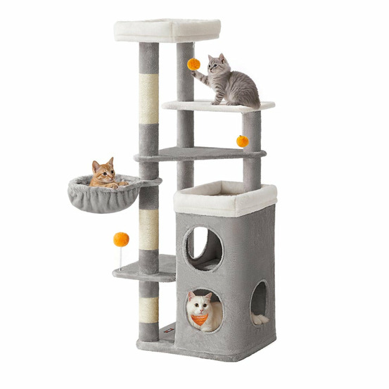 Arbre à chat 152 cm de haut tour de jeux pour chat à plusieurs niveaux avec 2 grandes niches 1 hamac 3 poteaux à griffer 3 pl