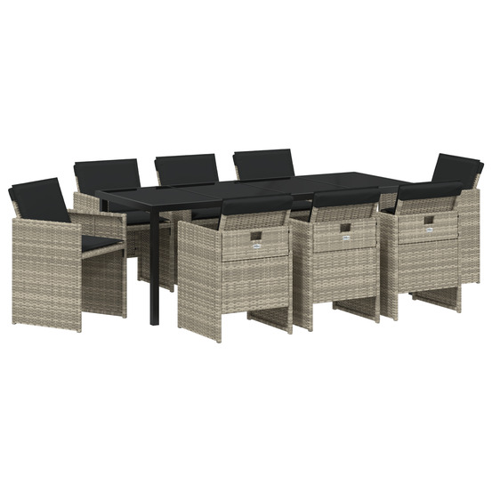 Ensemble de salle à manger de jardin 9 pièces avec coussins gris clair en rattan poly