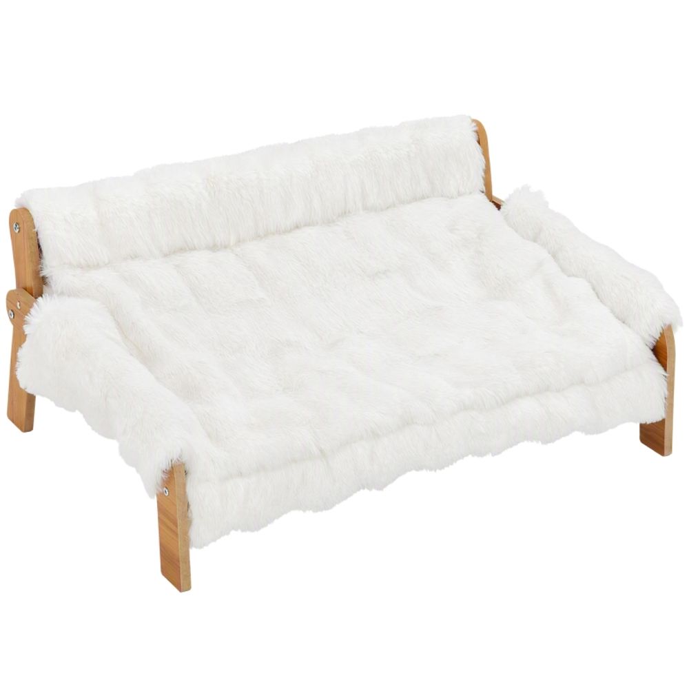Lit surélevé pour chien et chat en bois 70 x 47 x 30 cm blanc coussin peluche déhoussable antidérapant