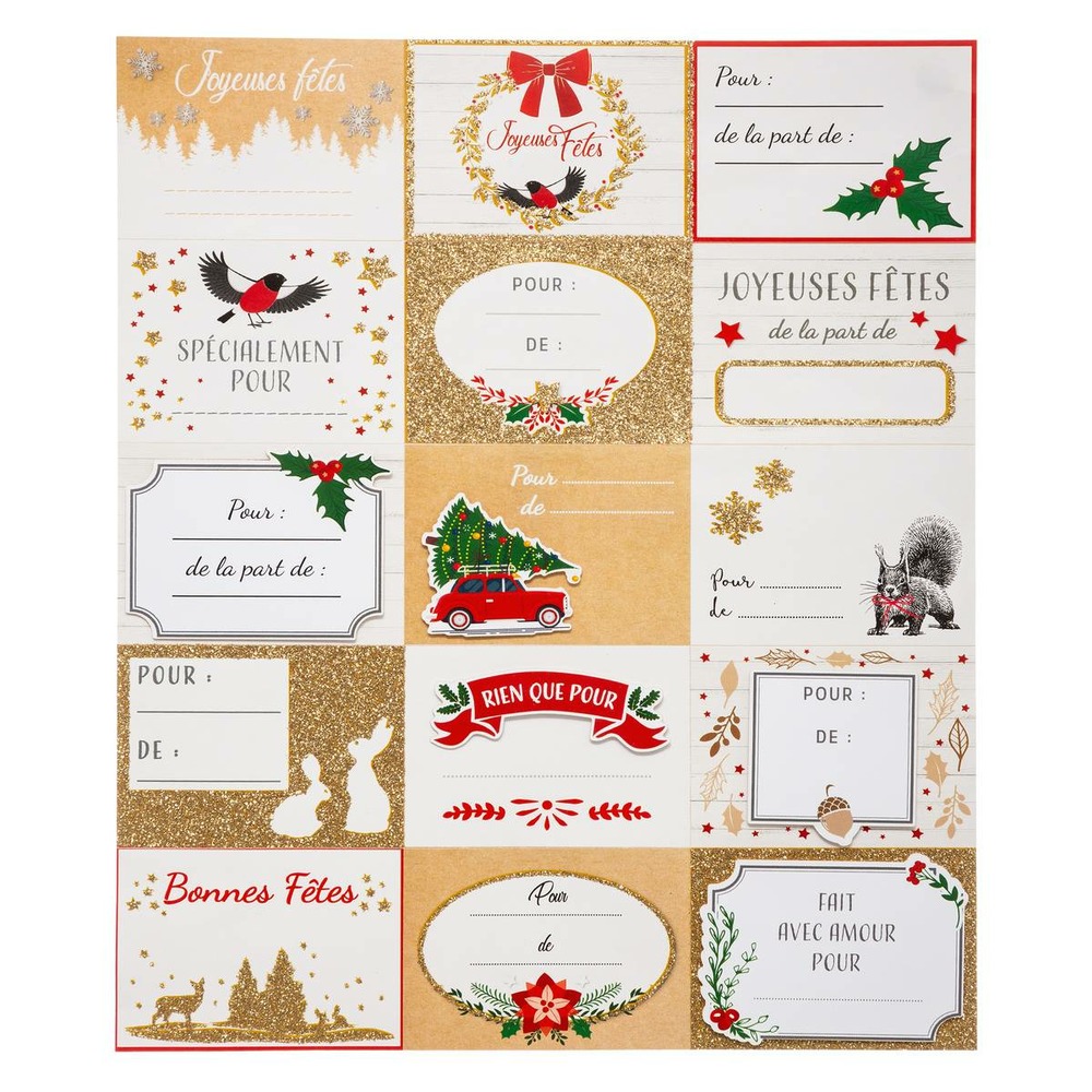 Planche de 15 étiquettes cadeaux autocollantes décorées
