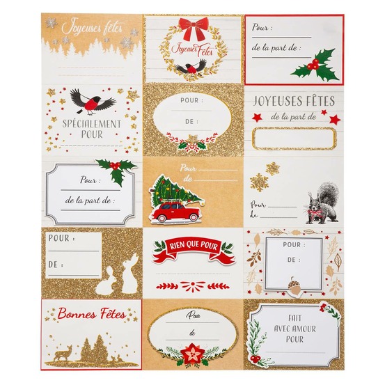 Planche de 15 étiquettes cadeaux autocollantes décorées
