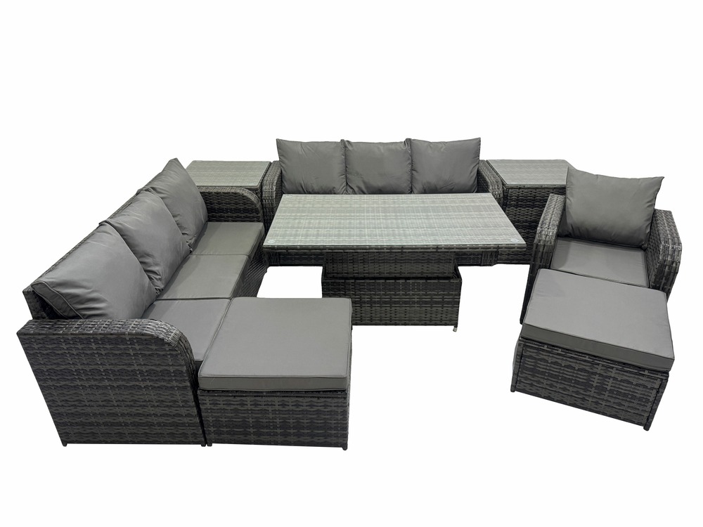 9 places ensemble de meubles de jardin en polyrotin table à manger réglable en hauteur canapé avec 2 tables d'appoint