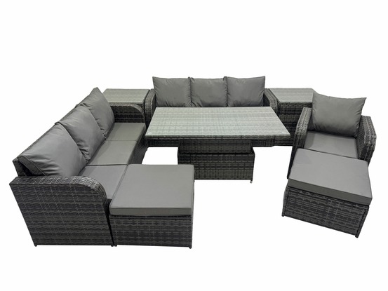 9 places ensemble de meubles de jardin en polyrotin table à manger réglable en hauteur canapé avec 2 tables d'appoint